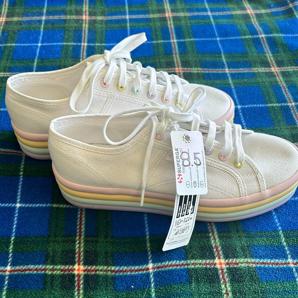 NWT Superga platform sneaker in white with candy coloured rubber soles